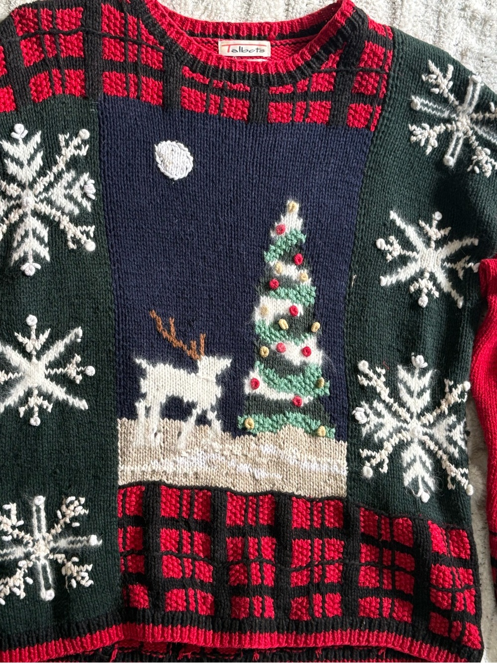 Talbots Blue Red Christmas Sweater Reindeer Snowflake Patchwork Size Medium - Picture 5 of 14